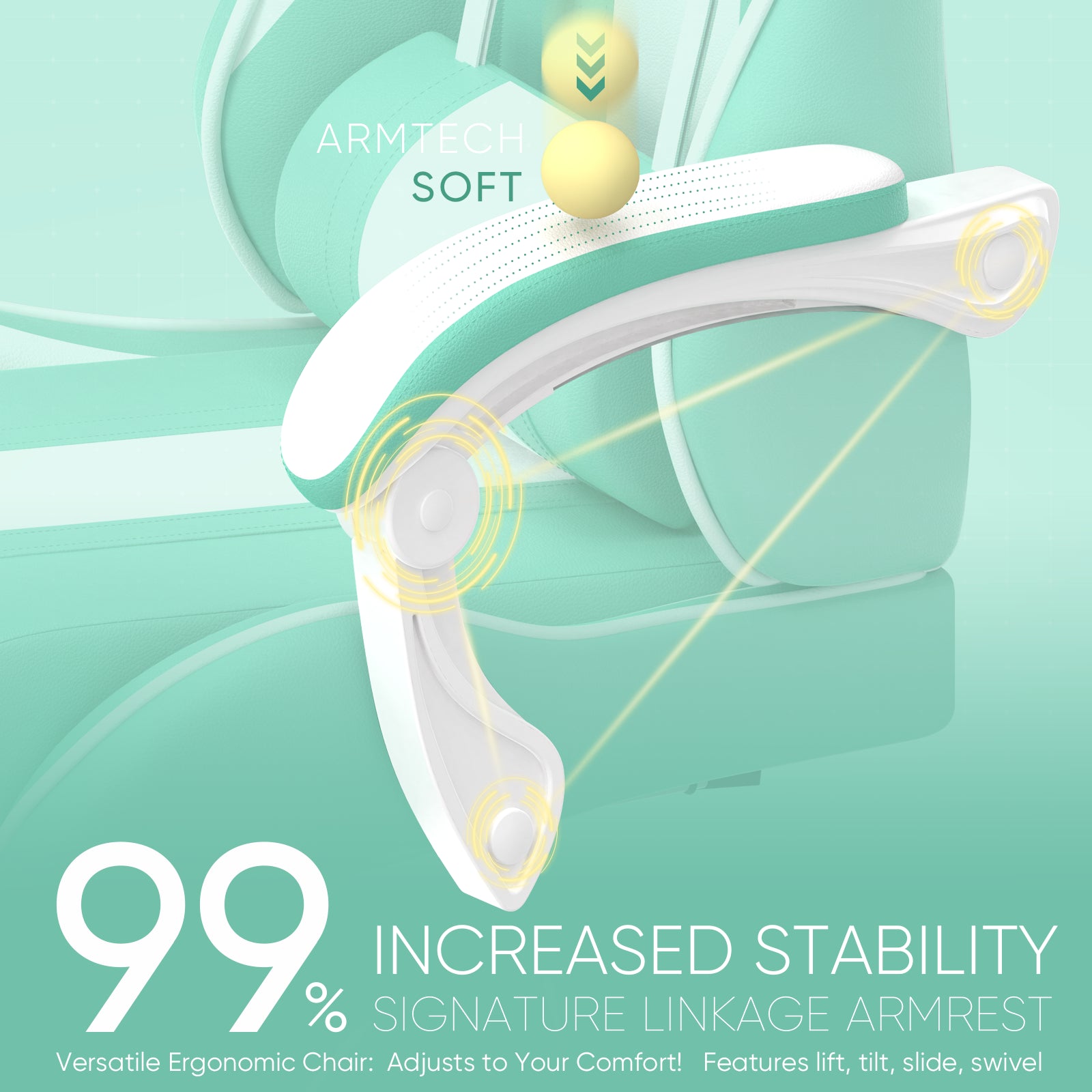 Ergonomic gaming chair armrest with adjustable lift, tilt, slide, swivel for comfort and stability