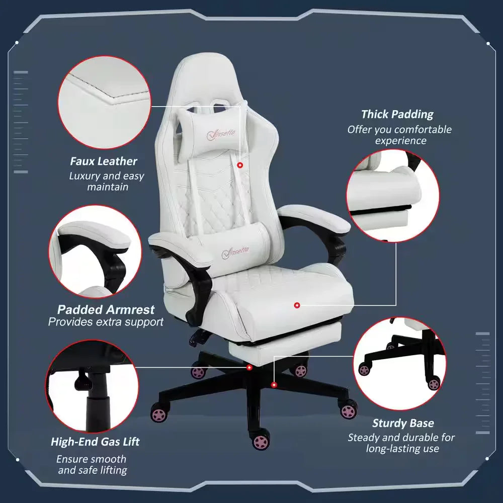 White gaming chair with faux leather, thick padding, padded armrests, high-end gas lift, and sturdy base