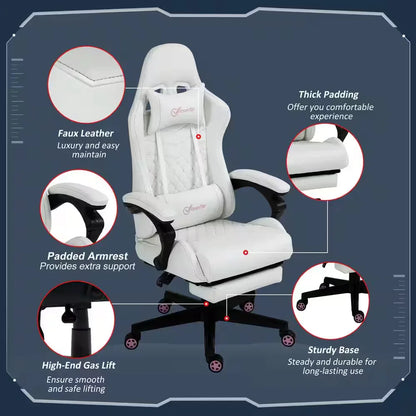 White gaming chair with faux leather, thick padding, padded armrests, high-end gas lift, and sturdy base