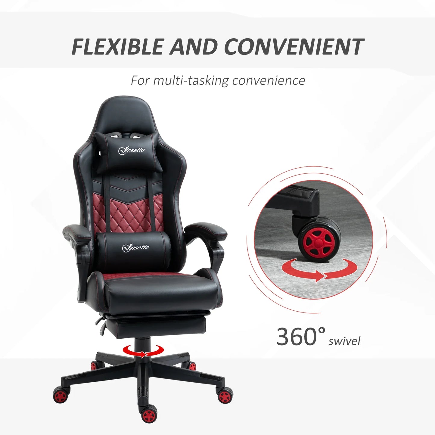 Vinsetto racing style gaming chair with black and red upholstery, adjustable recline, and 360-degree swivel wheels