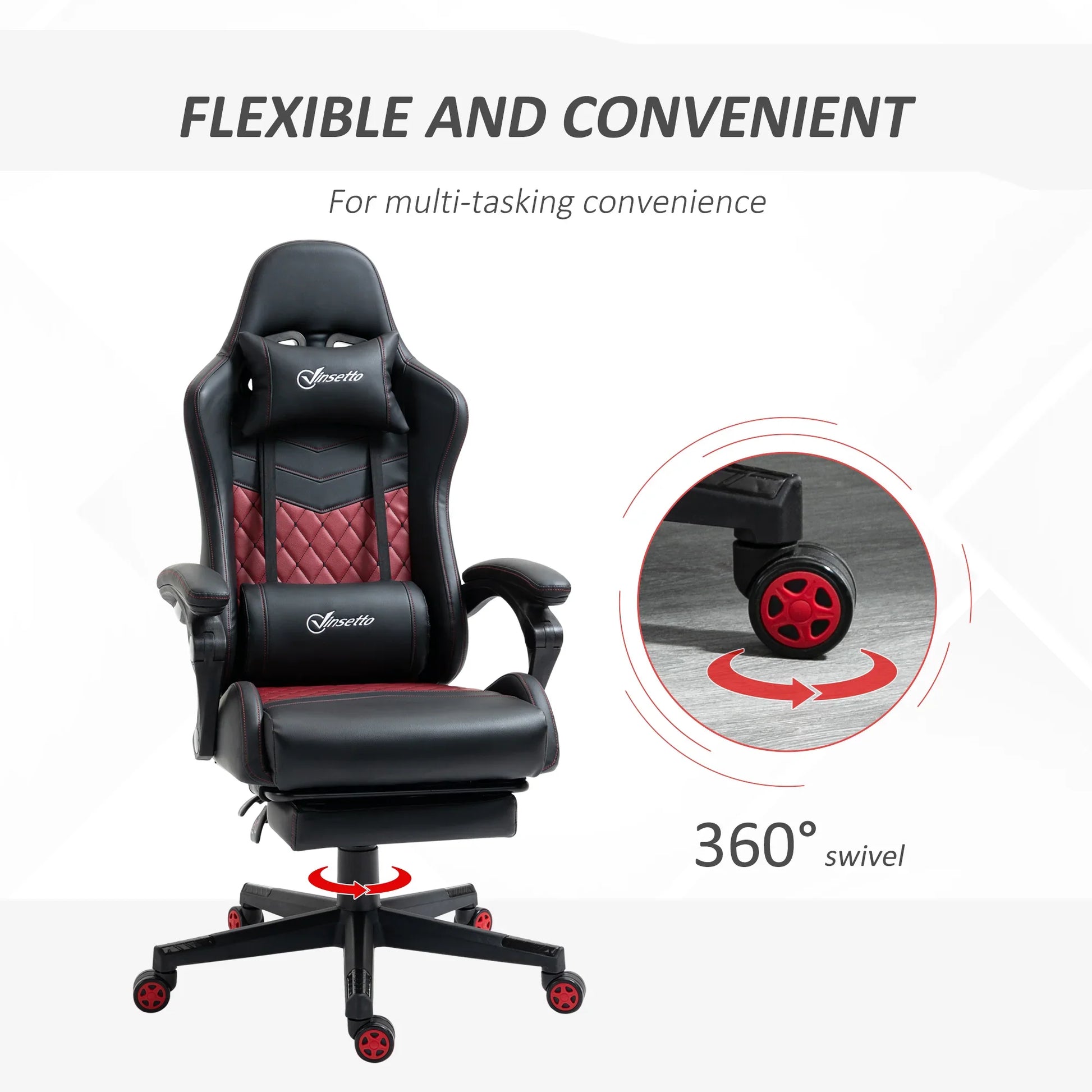Vinsetto racing style gaming chair with black and red upholstery, adjustable recline, and 360-degree swivel wheels