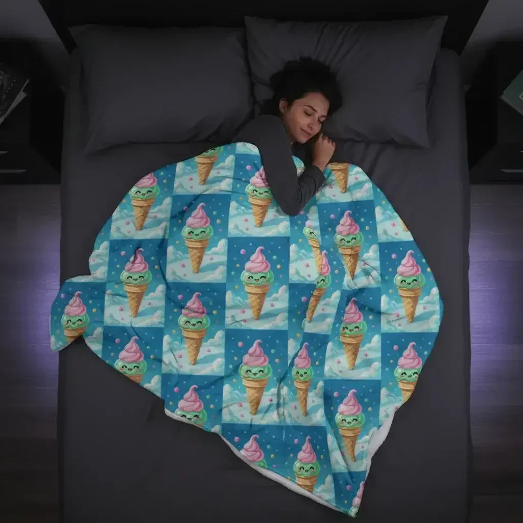 Woman sleeping on a dark bed covered with a colorful blanket featuring cute smiling ice cream cones