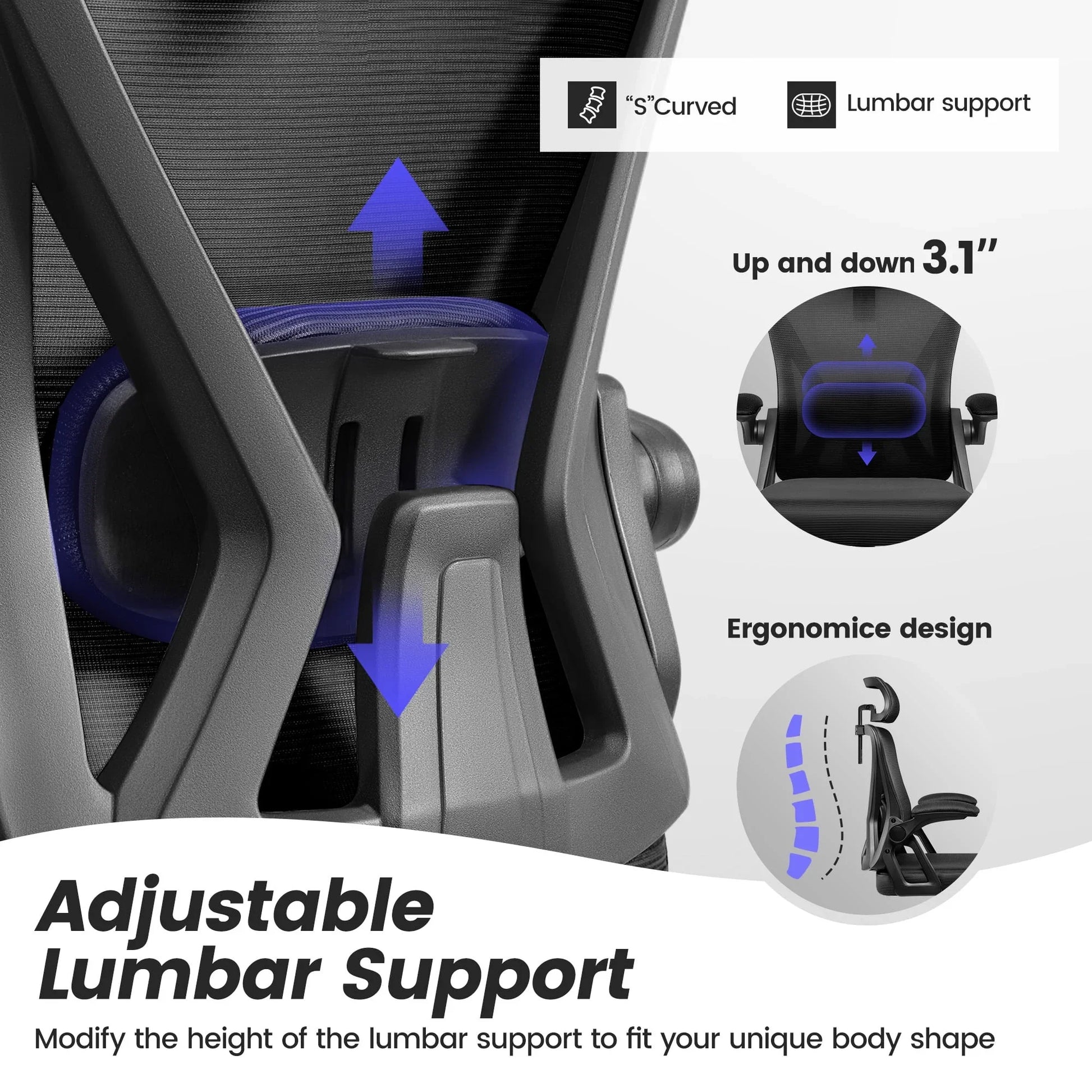 Adjustable lumbar support for gaming chair with 3.1” height adjustment and ergonomic S-curve design