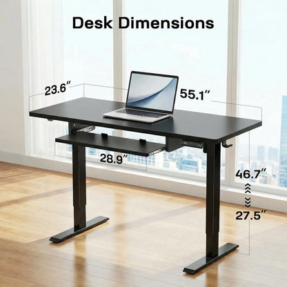 55" X 24" Electric Standing Desk with Keyboard Tray, Height Adjustable Sit Stand up Desk with Headphone Hook & 4 Height Memory Pre-Set for Home Office, Black