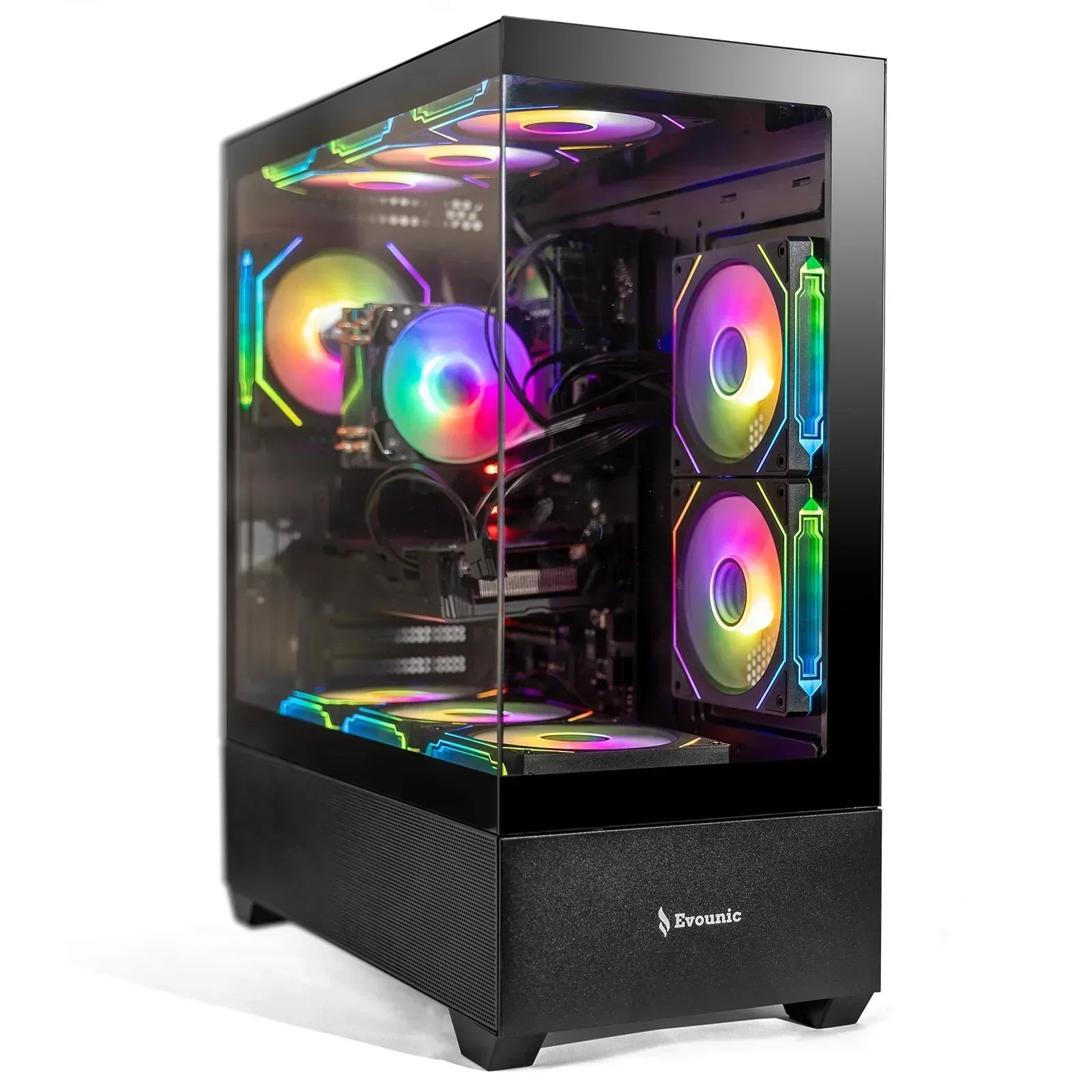 Gaming PC with tempered glass case and RGB fans for gaming setup