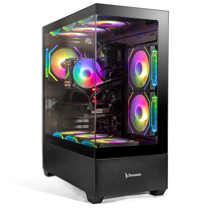 Gaming PC with tempered glass case and RGB fans for gaming setup