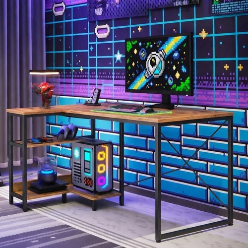 Retro gaming setup with RGB PC, 8-bit themed wall, monitor, keyboard, and gaming accessories.