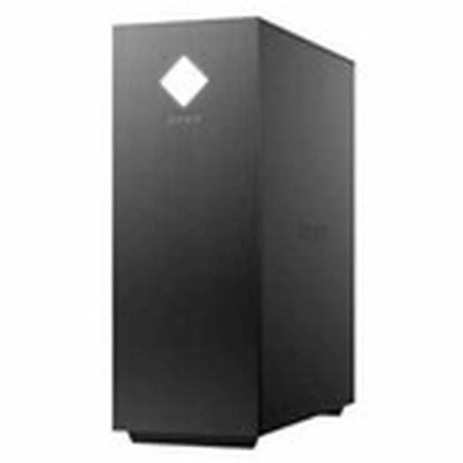 HP Omen black gaming desktop tower with angular design and glowing logo