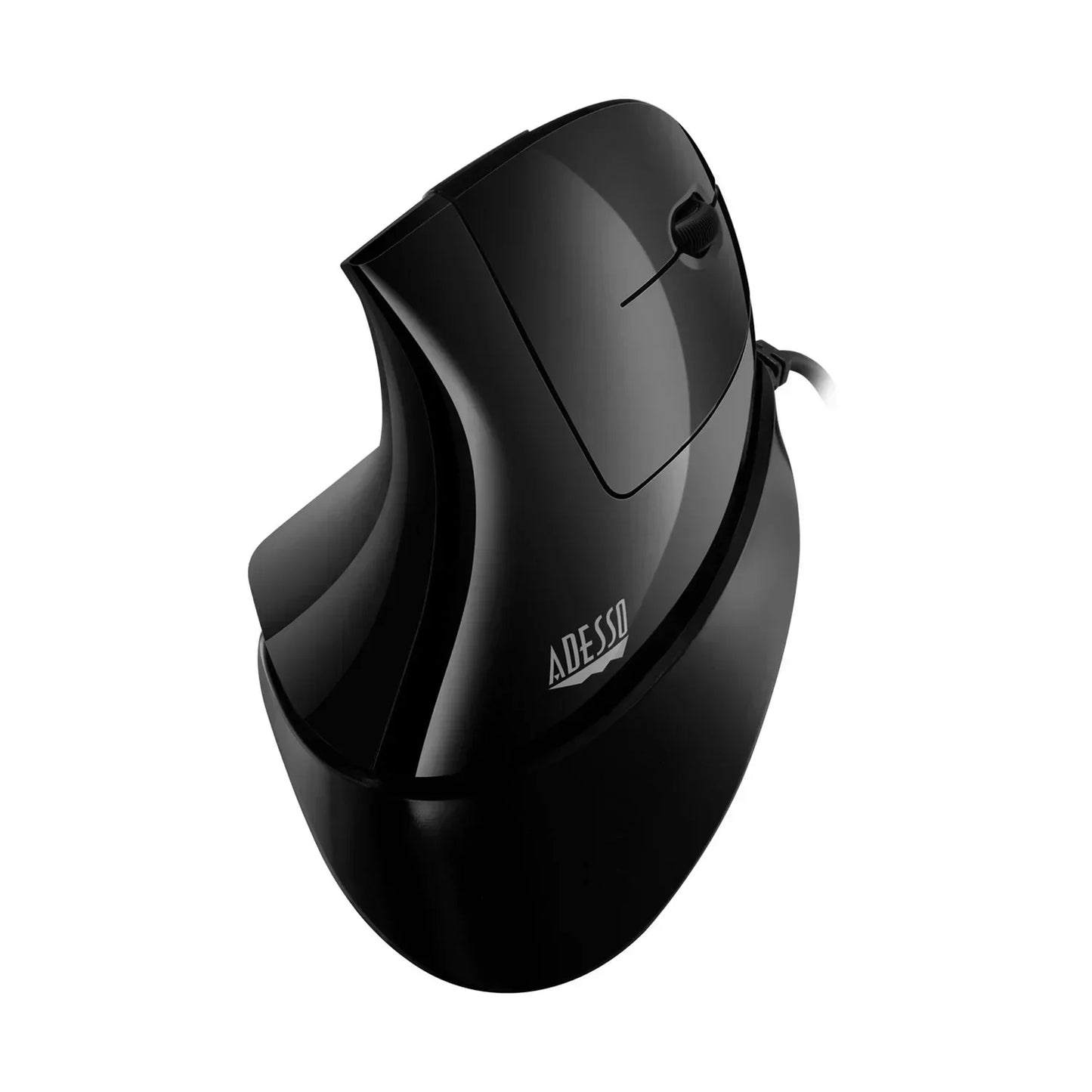 Ergonomic vertical black gaming mouse with scroll wheel and side buttons on white background