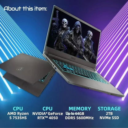 MSI gaming laptop with illuminated keyboard, AMD Ryzen 5, NVIDIA RTX 4050, 2TB SSD, 64GB RAM