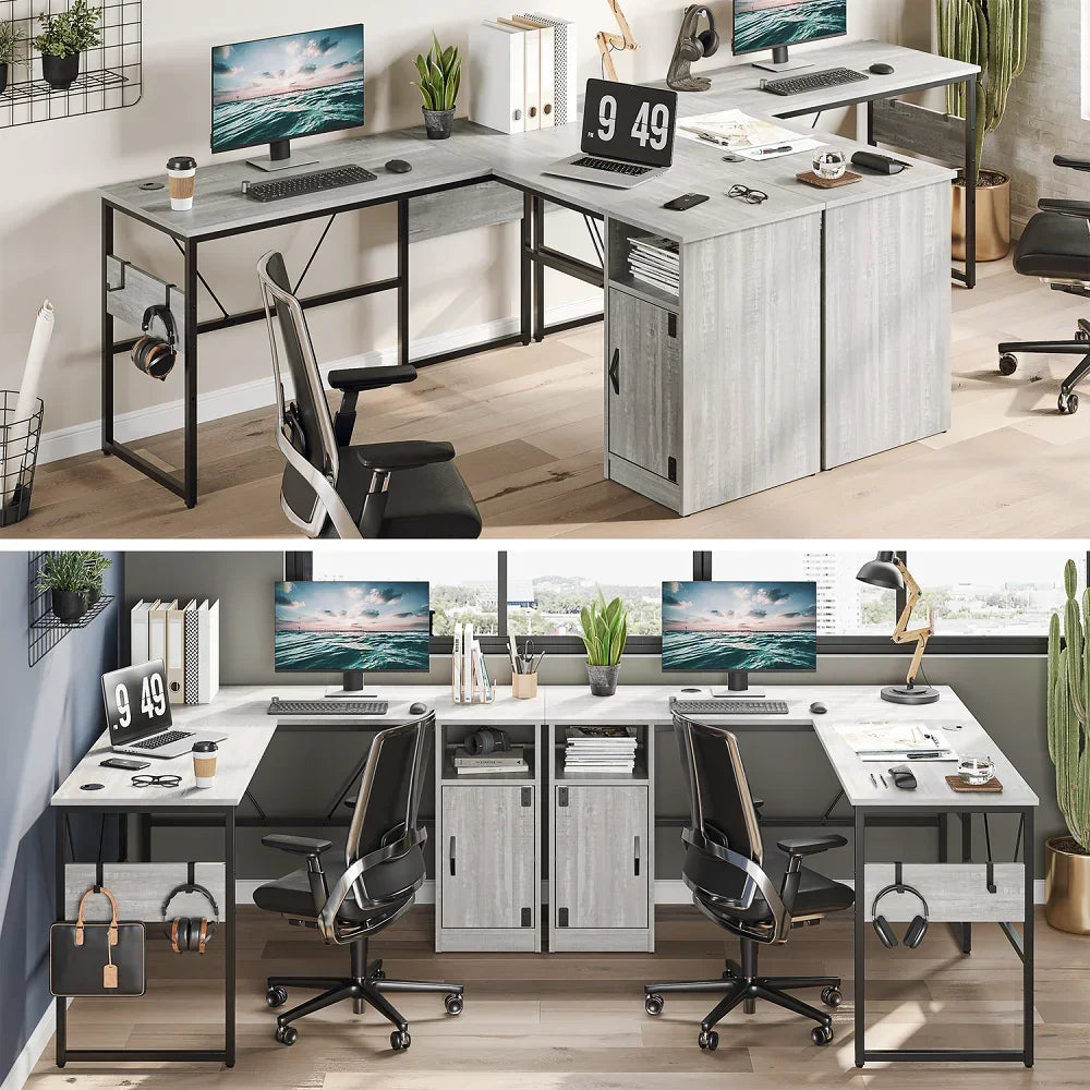 Reversible 60" L Shaped Computer Desk with Storage Cabinet Long Desk for 2 Person Wash White
