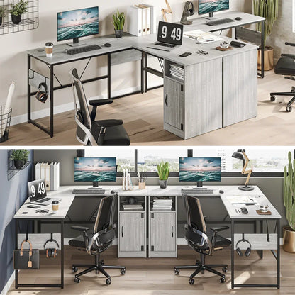 Reversible 60" L Shaped Computer Desk with Storage Cabinet Long Desk for 2 Person Wash White