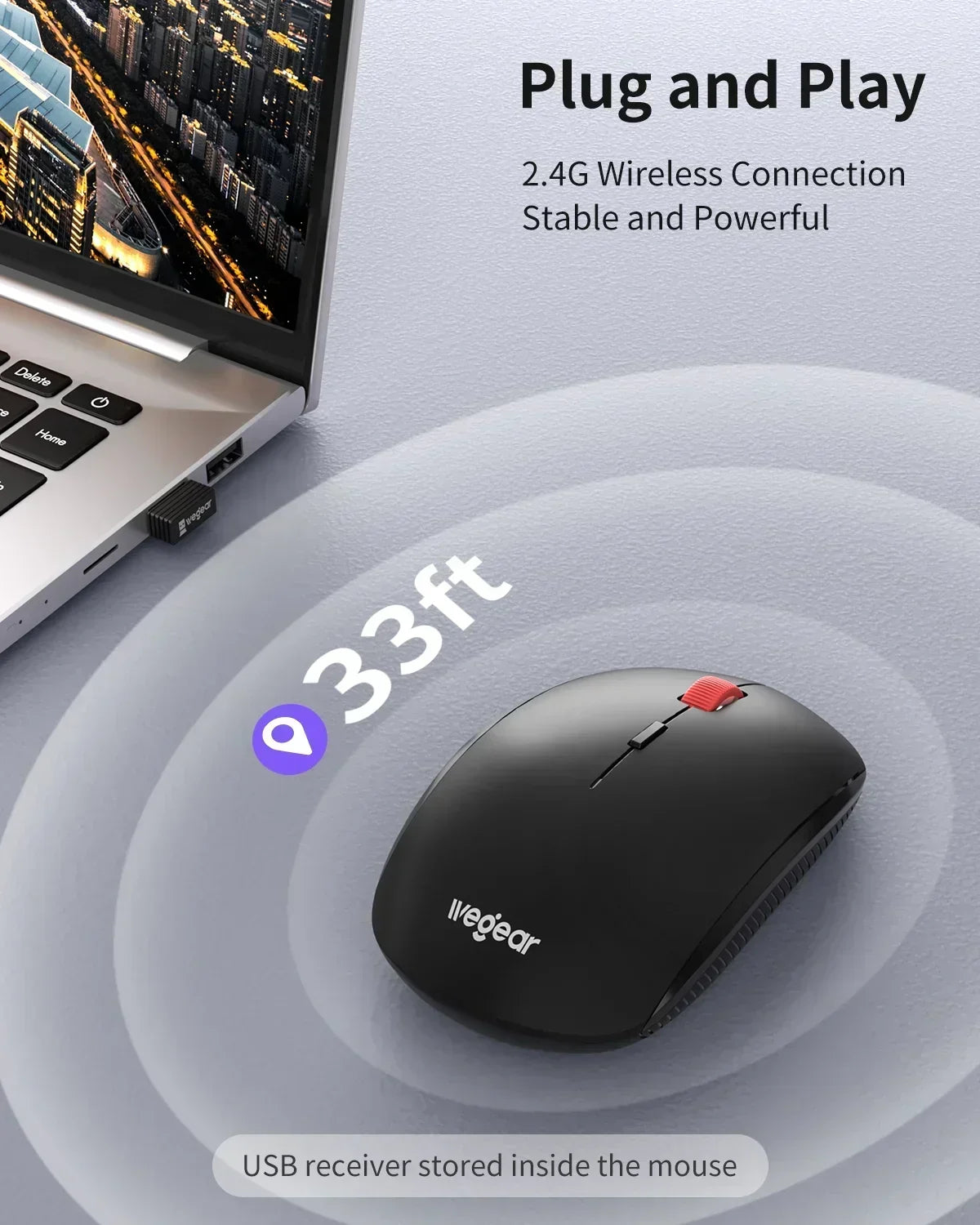 2.4G wireless computer mouse with USB receiver next to laptop, 33ft range indicated.