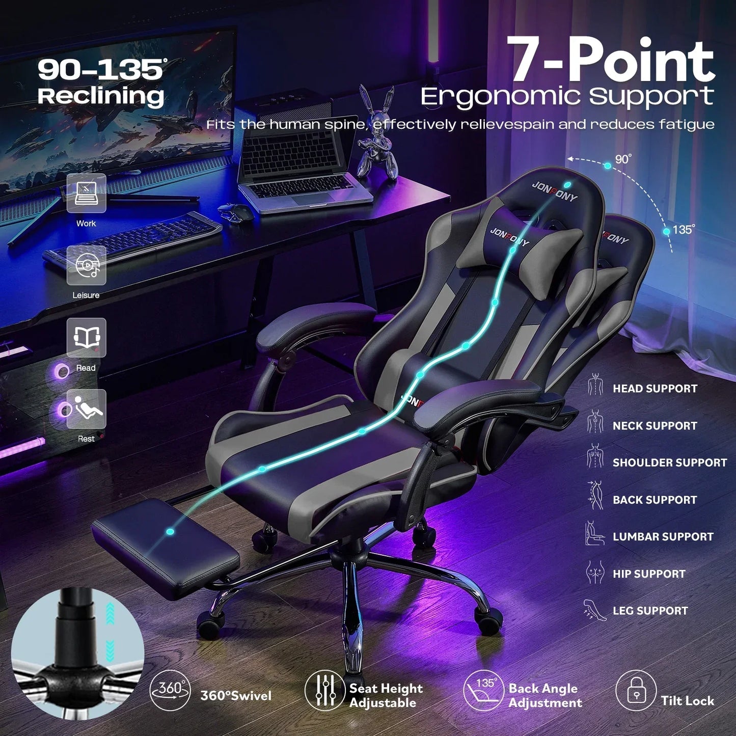 Ergonomic gaming chair with 7-point support, adjustable recline, swivel, and footrest in modern office setup