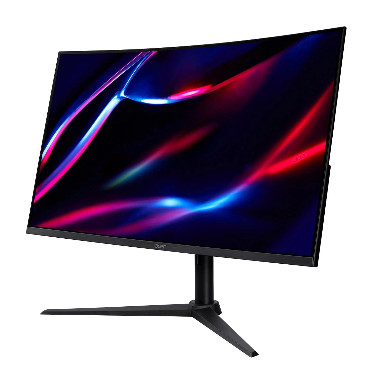 Acer curved gaming monitor with vibrant blue and red abstract light design on screen and black stand