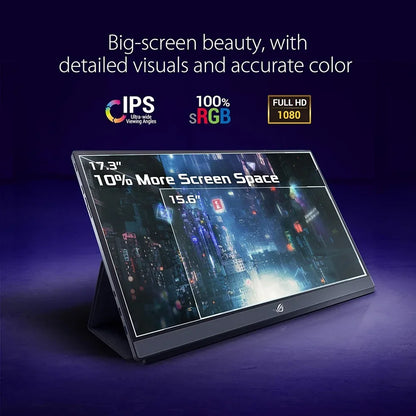 Portable 17.3-inch IPS monitor with 100% sRGB, Full HD 1080p, and 10% more screen space than 15.6-inch