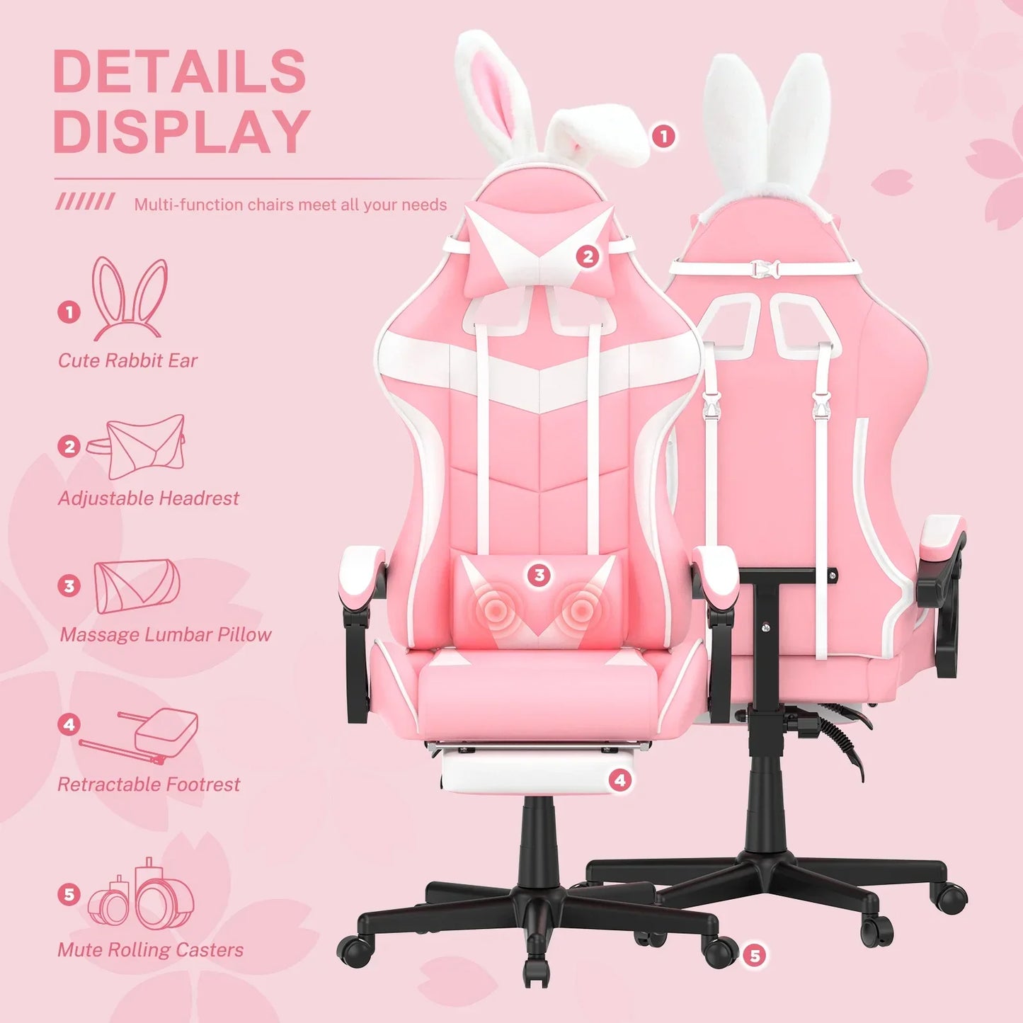 Pink gaming chair with white accents featuring cute rabbit ear headrest, adjustable pillow, massage lumbar pillow, retractable footrest, and mute rolling casters