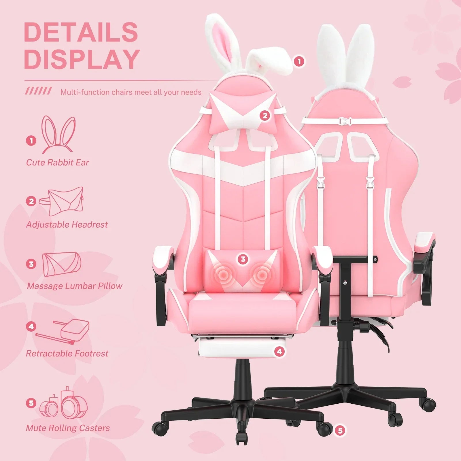 Pink gaming chair with white accents featuring cute rabbit ear headrest, adjustable pillow, massage lumbar pillow, retractable footrest, and mute rolling casters