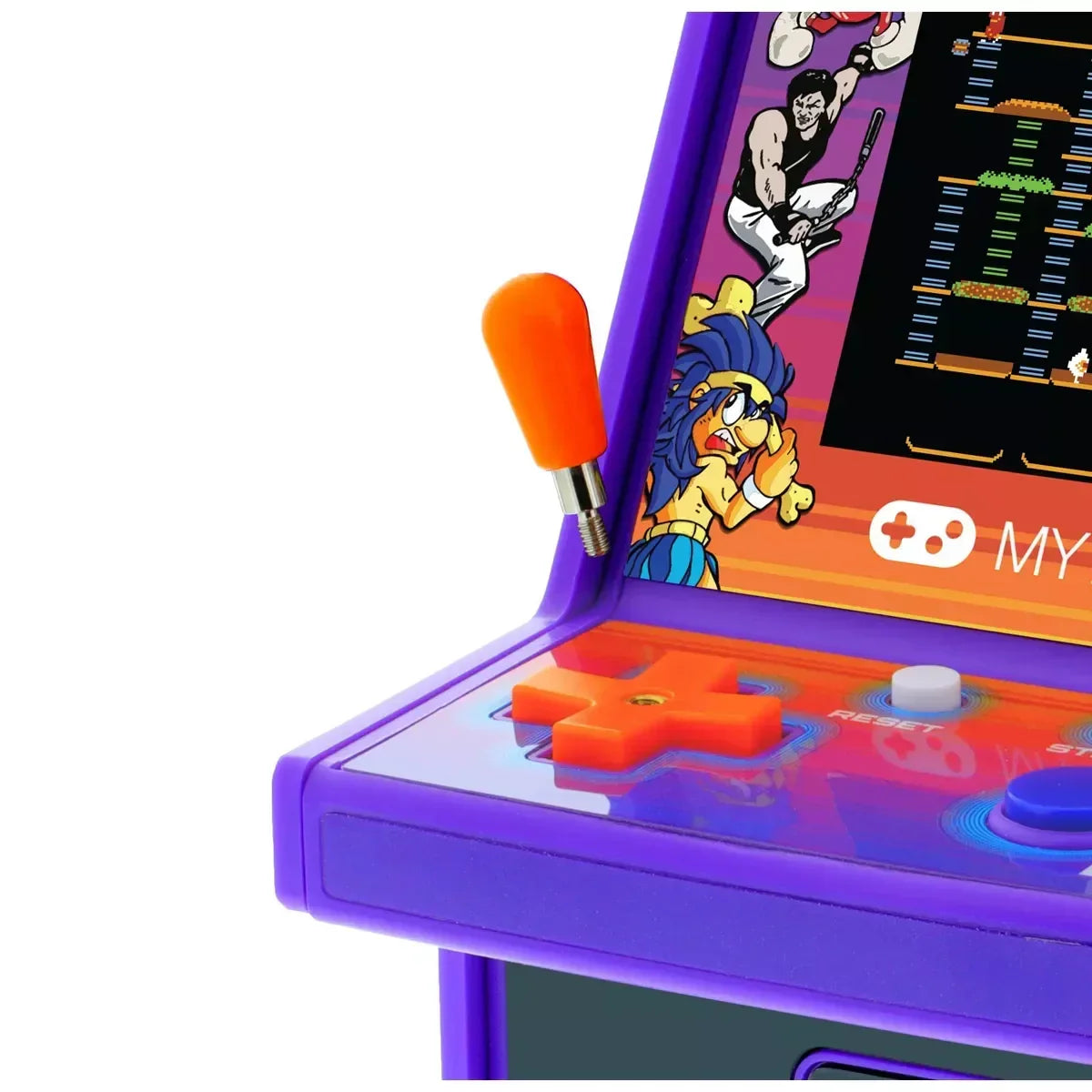 Purple retro 8-bit arcade machine with orange joystick and pixel art game display