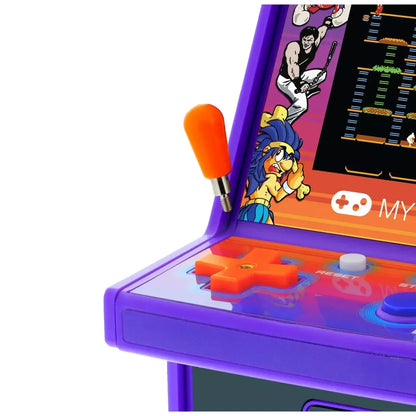 Purple retro 8-bit arcade machine with orange joystick and pixel art game display