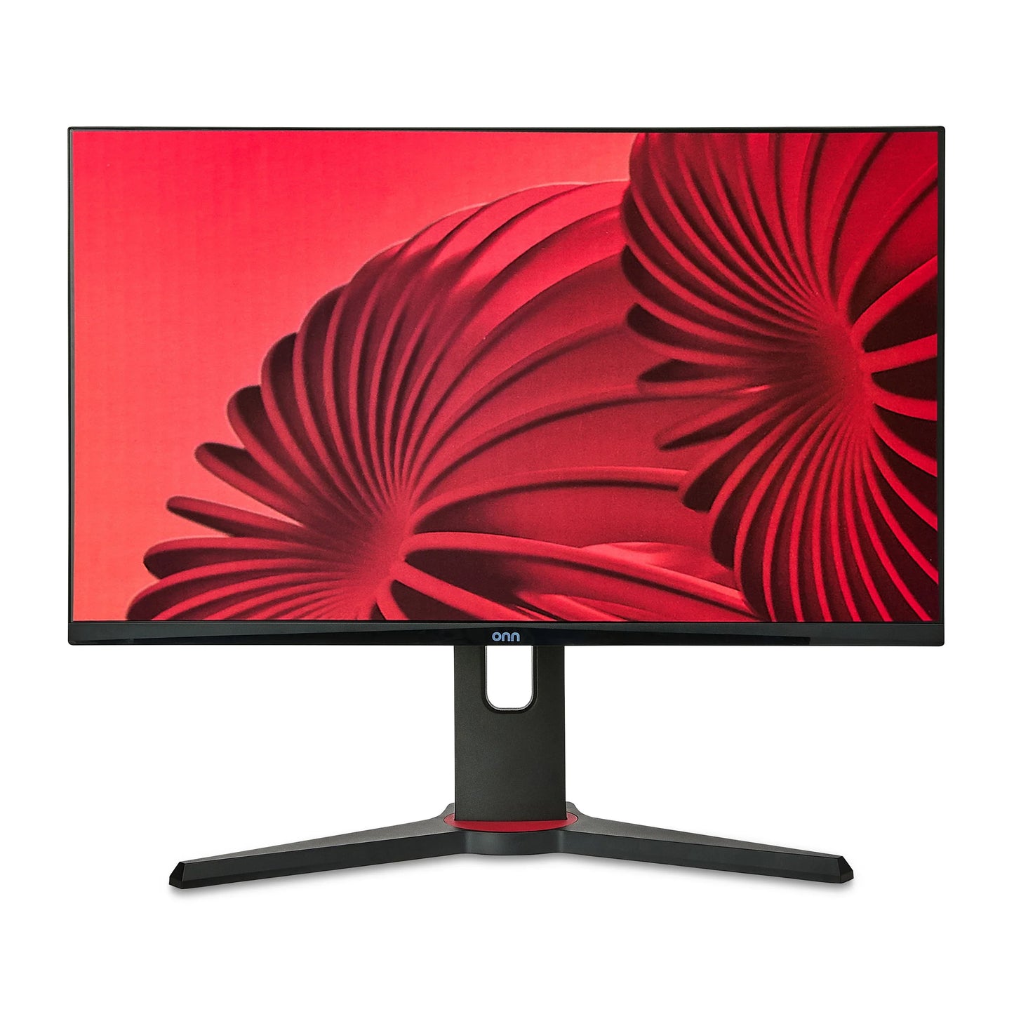 Onn brand widescreen gaming monitor with red abstract spiral design and black stand