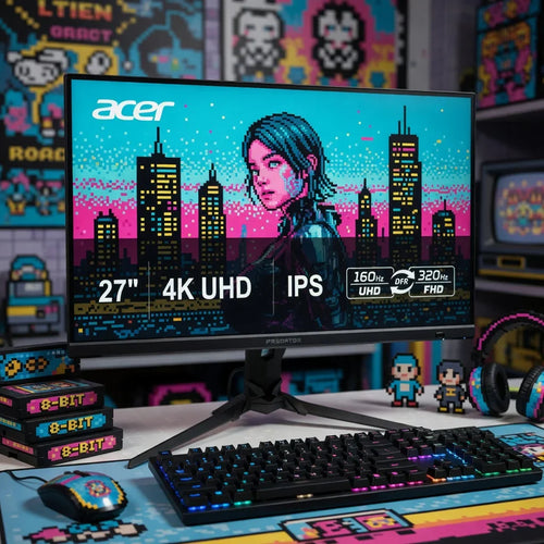 27-inch 4K UHD Acer gaming monitor on retro 8-bit desk setup with RGB keyboard, mouse, and headset