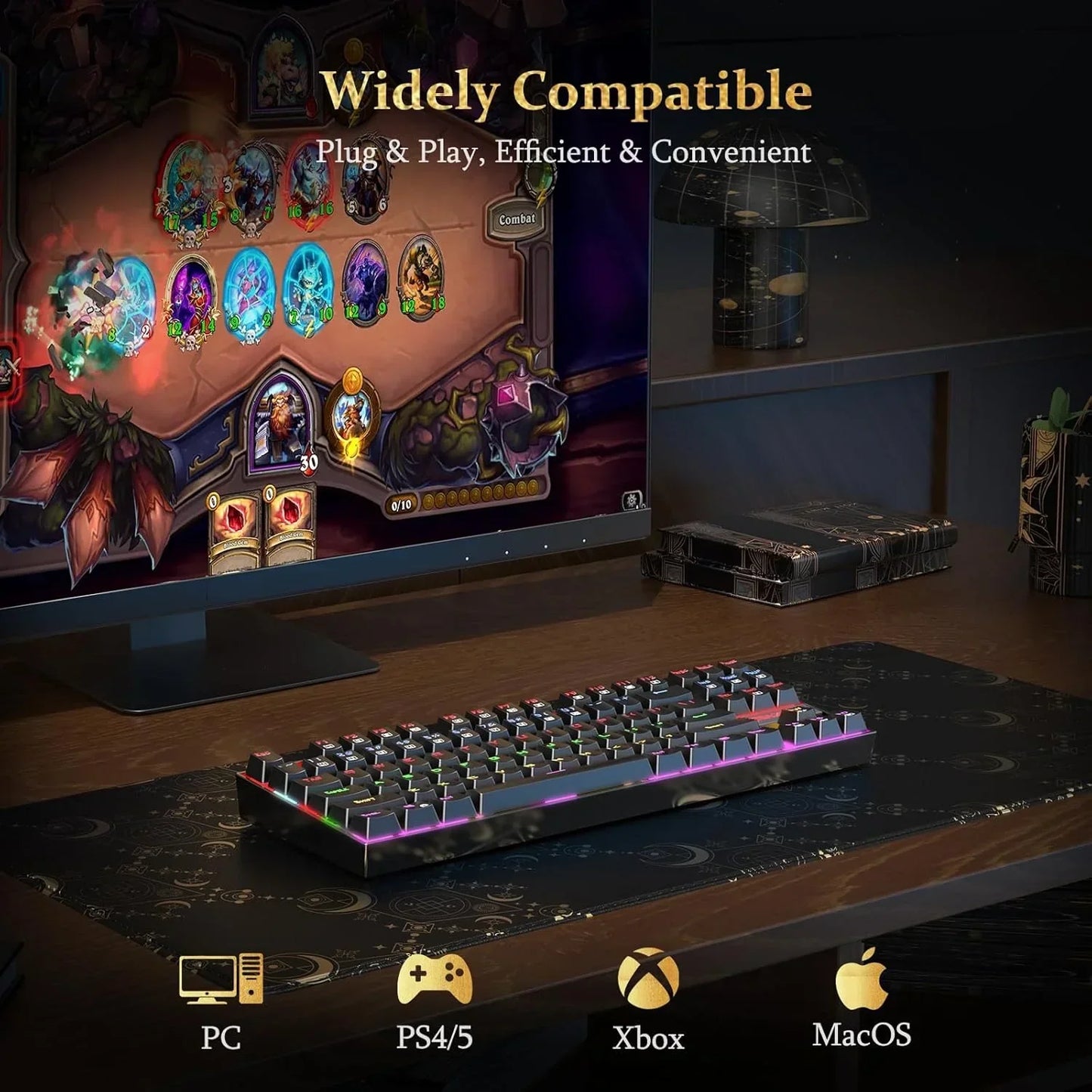 RGB mechanical gaming keyboard on desk in retro gaming setup with PC, PS5, Xbox, and Mac icons