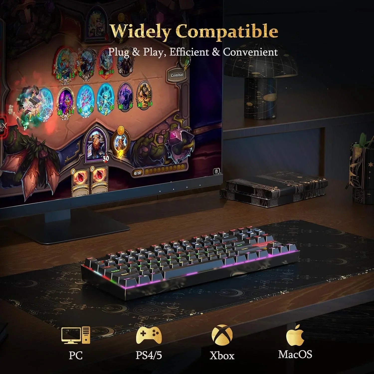 RGB mechanical gaming keyboard on desk in retro gaming setup with PC, PS5, Xbox, and Mac icons