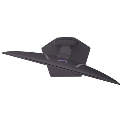 Rear view of curved black LG UltraGear gaming monitor with angular stand and purple logo