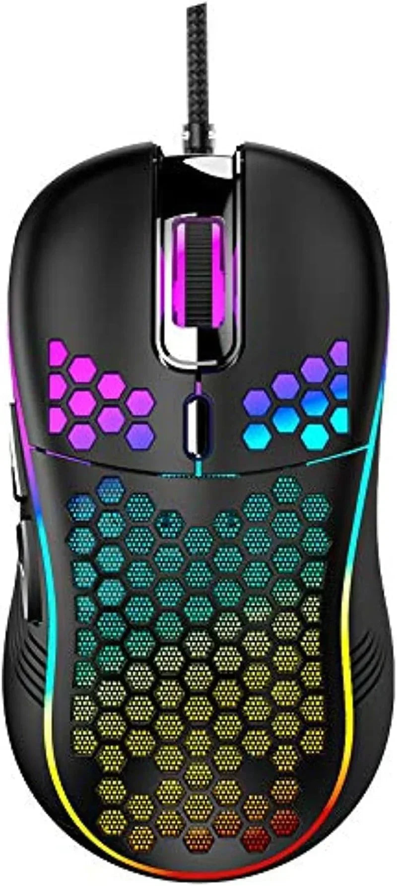 RGB honeycomb gaming mouse with rainbow backlighting and perforated design
