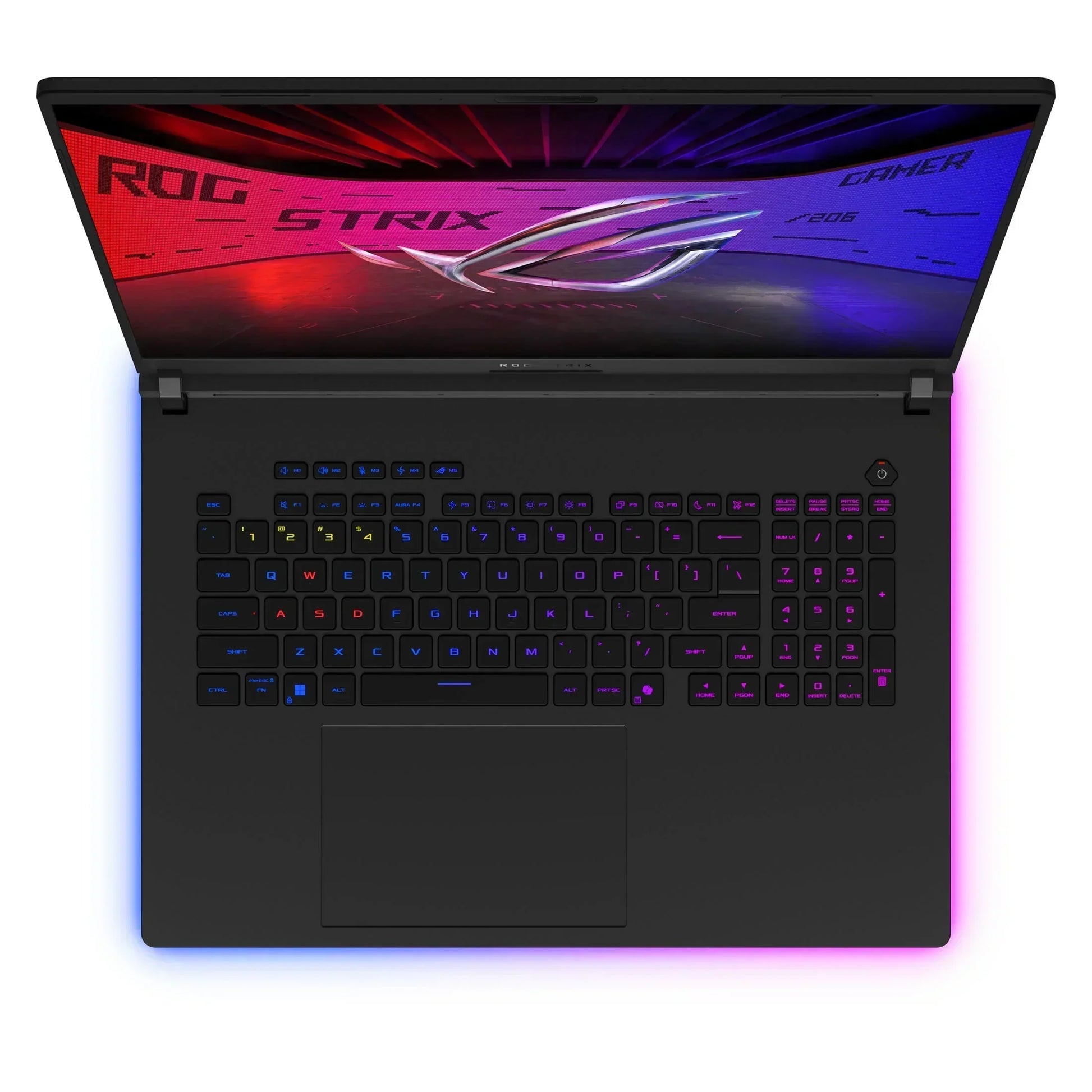 RGB backlit gaming laptop with illuminated keyboard and vibrant display, top view
