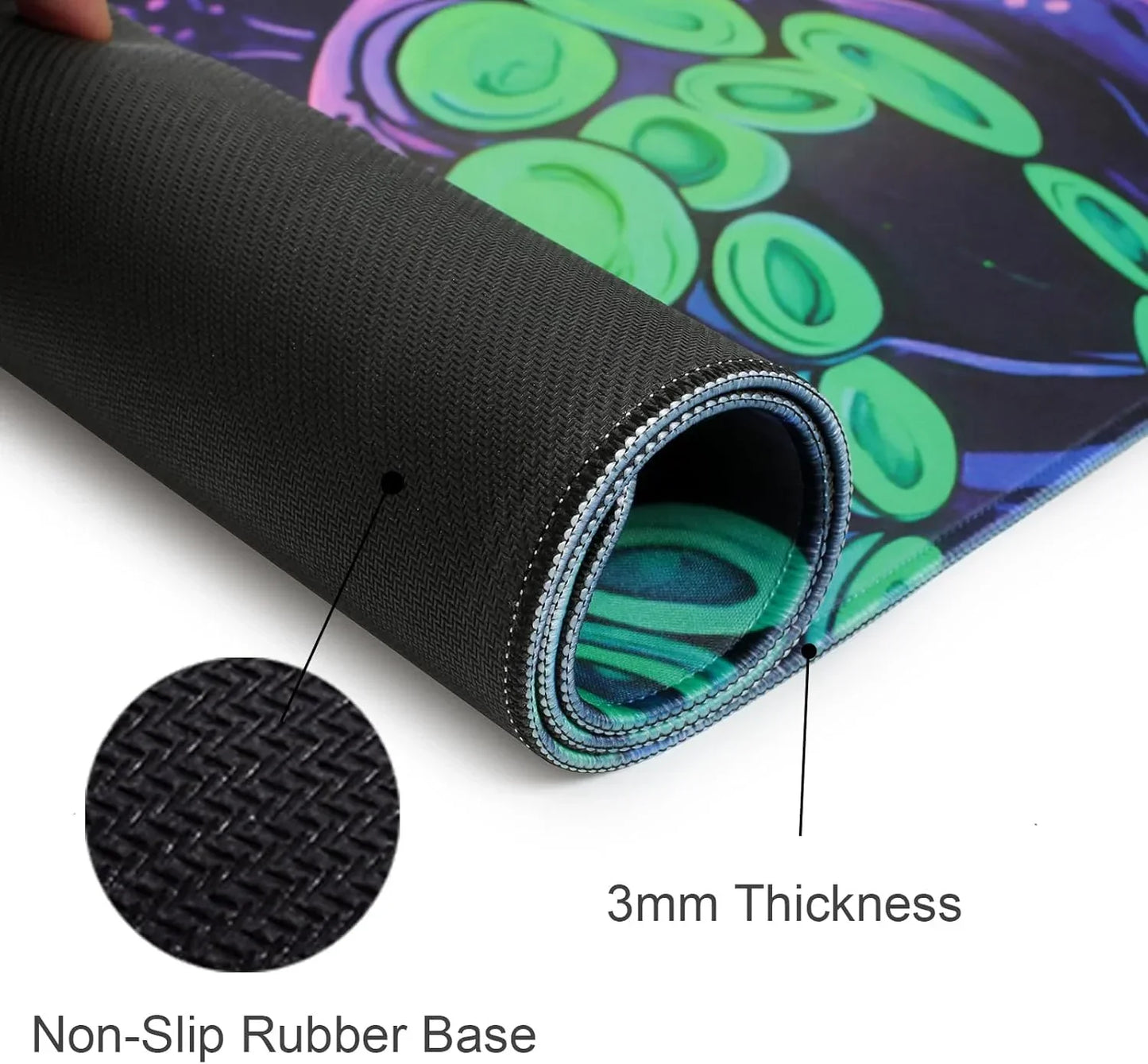 Rolled retro gaming mouse pad with 3mm thickness and non-slip black rubber base featuring green tentacle design