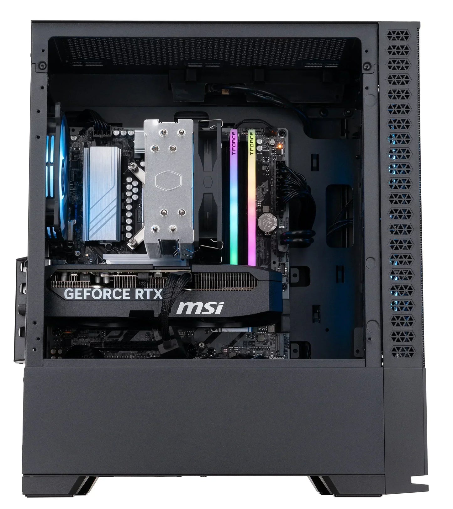 High-performance gaming PC interior with MSI GeForce RTX graphics card and RGB RAM.