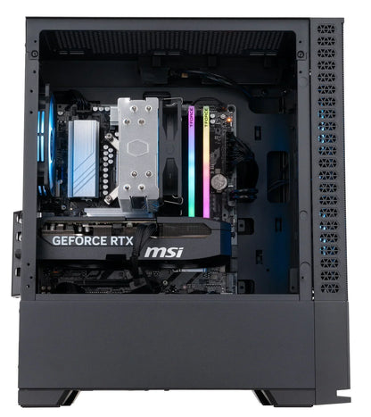High-performance gaming PC interior with MSI GeForce RTX graphics card and RGB RAM.