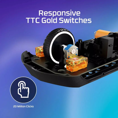 Close-up of responsive TTC Gold Switches with a black scroll wheel on a gaming mouse circuit board
