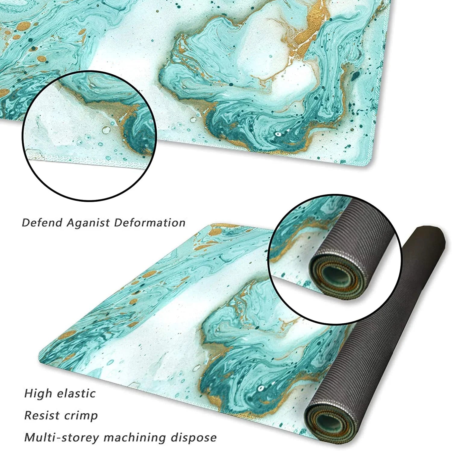 Rolled blue and gold marble-patterned gaming mouse pad with anti-deformation and high elasticity features