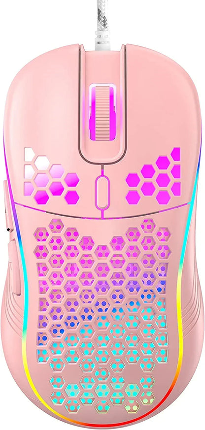 Pink honeycomb RGB gaming mouse with wired connection and colorful LED lighting