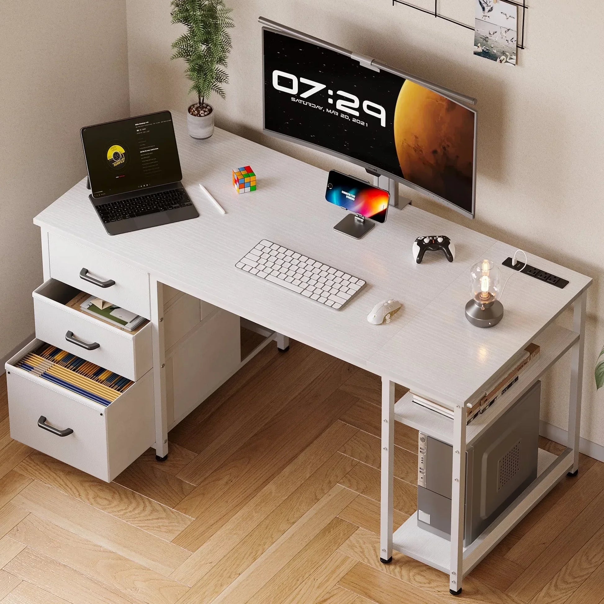51 Inch Computer Desk with File Drawers & USB Power Outlets- Reversible Home Office Desk with Storage Shelves, Work from Home, Writing Table for Bedroom, Gray Oak