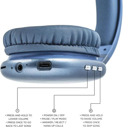 Close-up of blue cushioned gaming headset earcup with USB-C, 3.5mm jack, and volume control buttons
