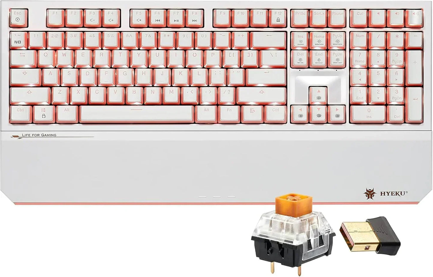 White HYEKU gaming keyboard with orange outline keys, wireless dongle, and switch, retro 8-bit style