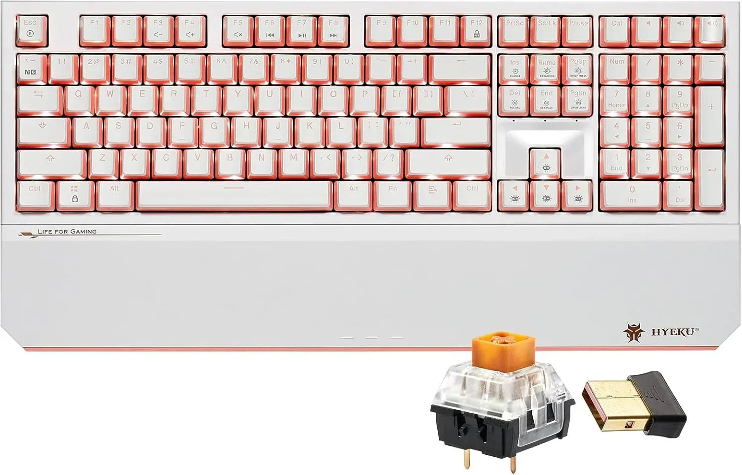 White HYEKU gaming keyboard with orange outline keys, wireless dongle, and switch, retro 8-bit style
