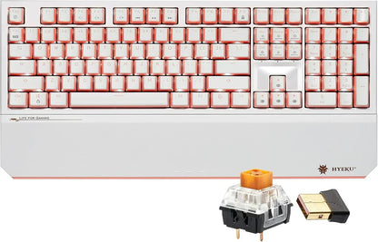 White HYEKU gaming keyboard with orange outline keys, wireless dongle, and switch, retro 8-bit style