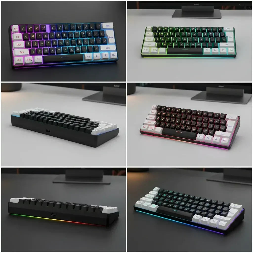 Six close-up shots of compact mechanical keyboards with customizable RGB lighting and black and white keycaps on black and white desks