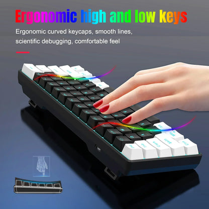 Ergonomic RGB gaming keyboard with curved keycaps and a hand typing, Byte Style