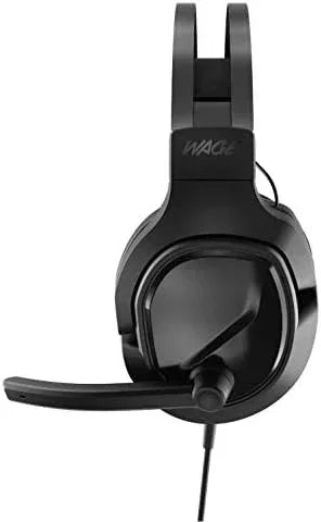 Black wired gaming headset with microphone boom, side view