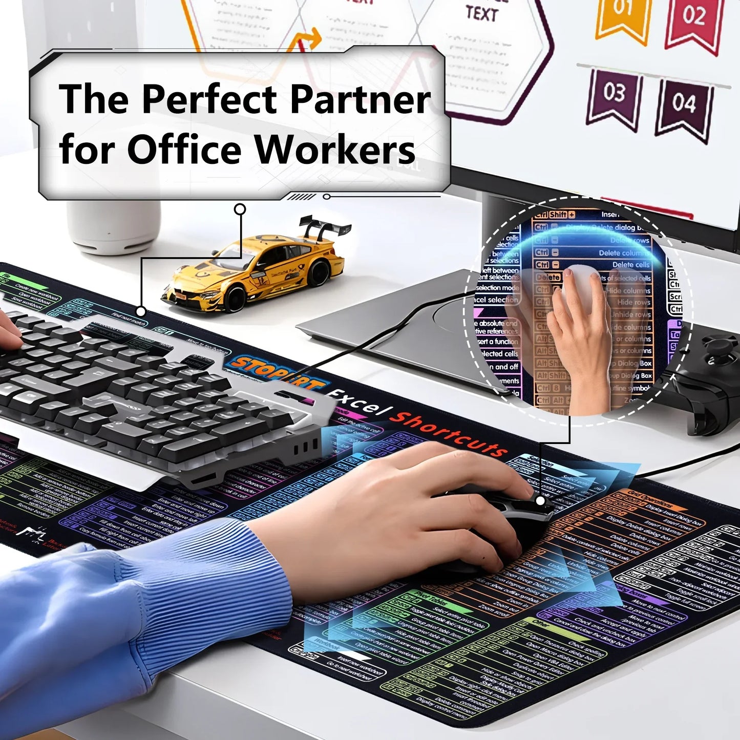 Office desk setup with keyboard, mouse on Excel shortcuts mousepad, and yellow toy car, ideal for office workers