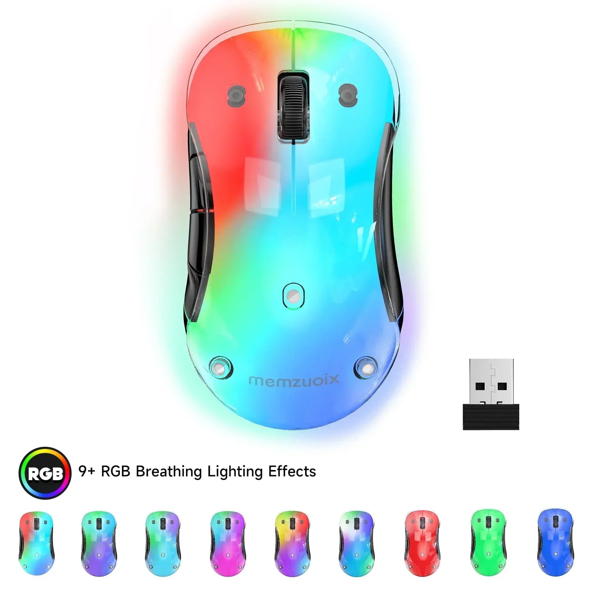 Wireless RGB gaming mouse with customizable lighting effects and USB receiver