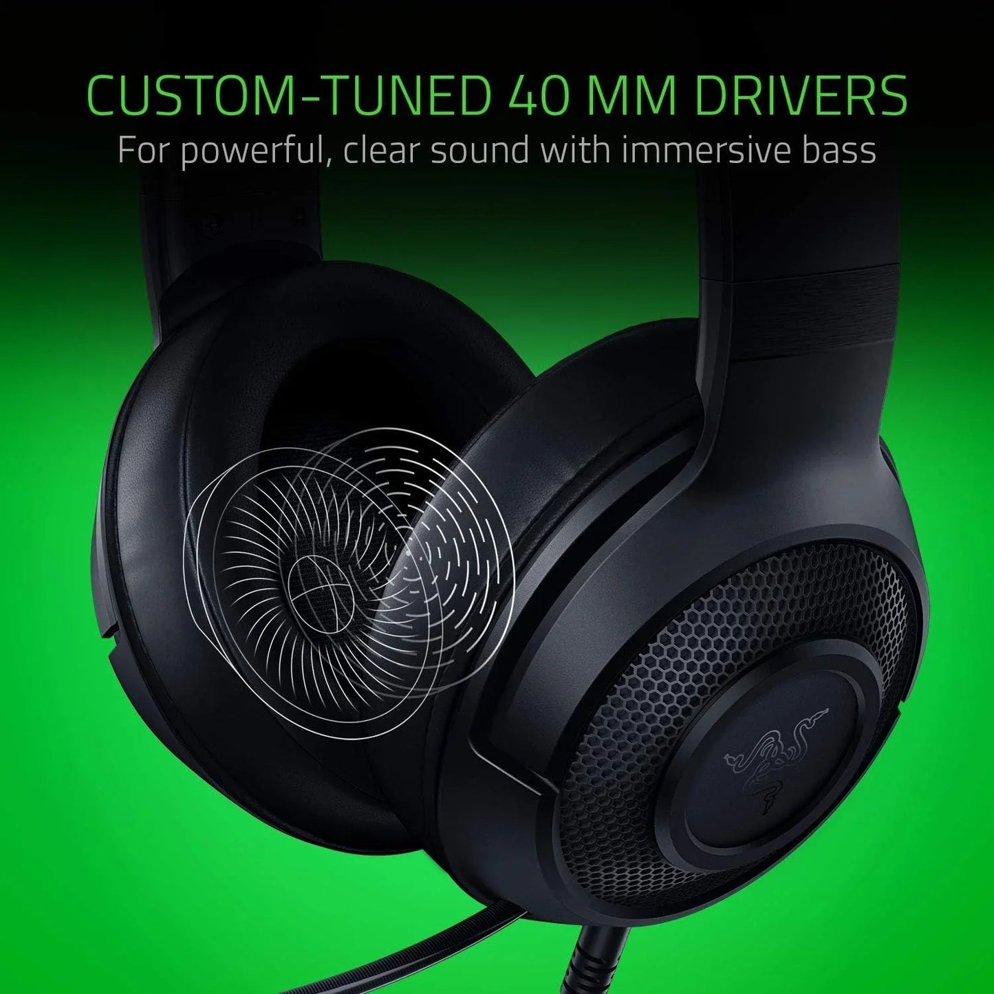Black gaming headphones with custom-tuned 40mm drivers on green background for clear, immersive bass sound