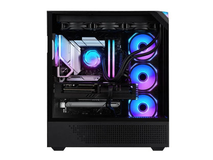 Gaming PC with RGB-lit cooling fans and CPU cooler inside black case with glass side panel
