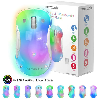 Wireless RGB gaming mouse with 9+ LED lighting effects, packaging and product features visible.